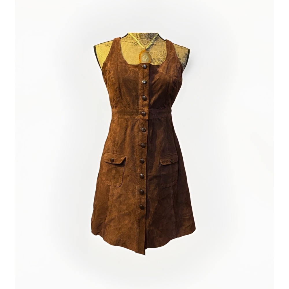 VTG Esprit Suede Babydoll Dress Size S Cinnamon Snap Front Pockets Retro 90s